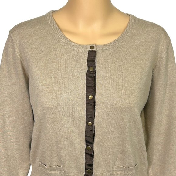 Vintage Essentials By Milano Womens L Tan Snap Up Stretch Cardigan Sweater Top - Picture 2 of 12